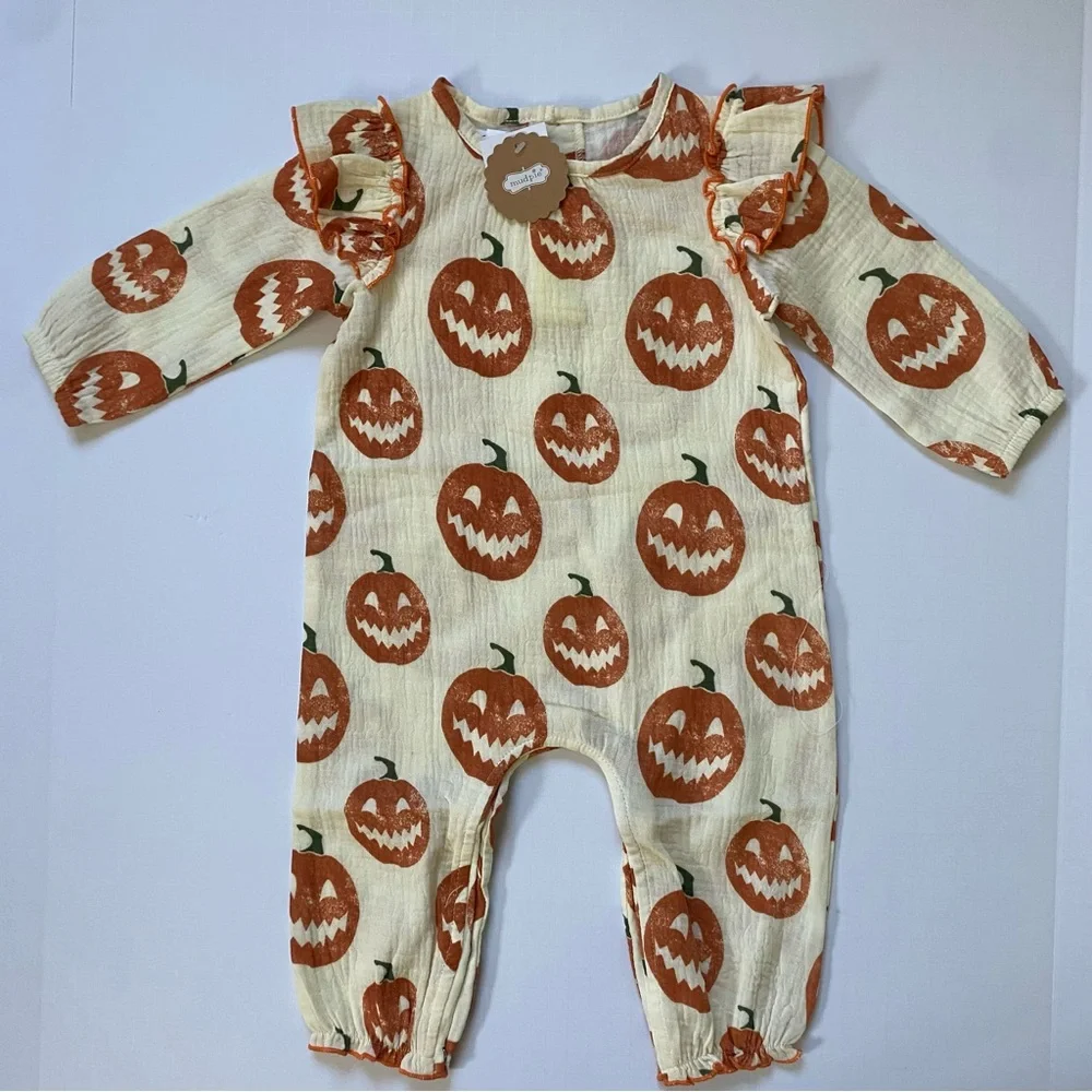 Mud Pie Halloween Outfit 6 9 Months NWT Pumpkins Baby Girl’s Orange Ivory New